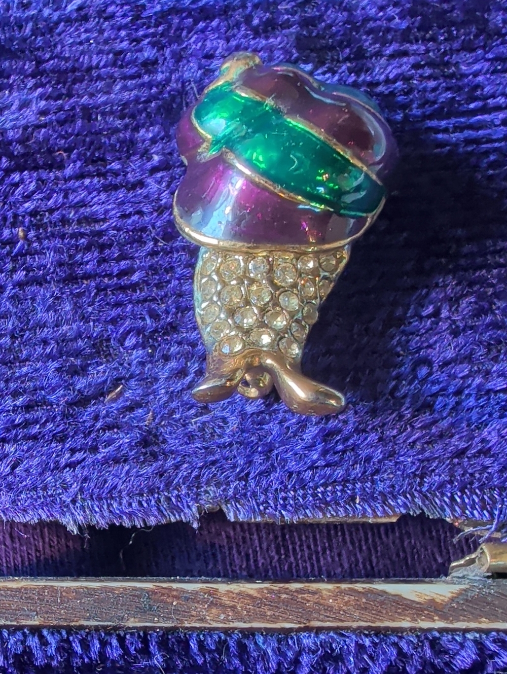 Rhinestone Vintage Snail Brooch With Purple And Green Enamel Coloring